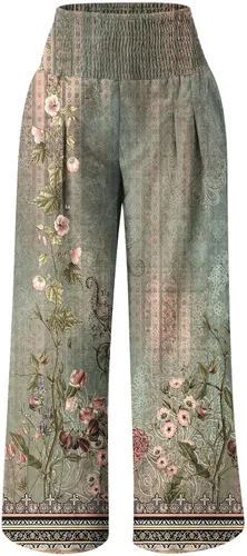 Vista 4 de Mittory Pantalones de pierna ancha para mujer, estilo casual, estampado de moda, cintura alta, elásticos, palazzo