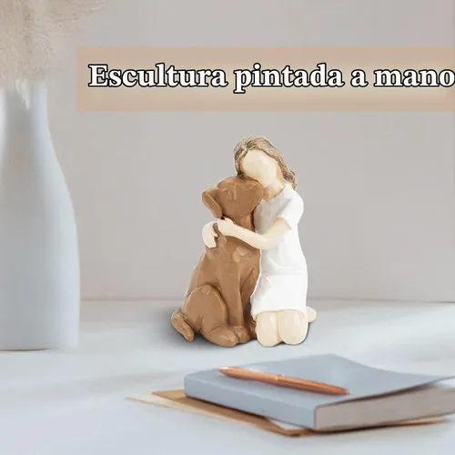 Vista 7 de Estatuilla de perro de niña abraza escultura pintada a mano Estatua Niña abrazando perro