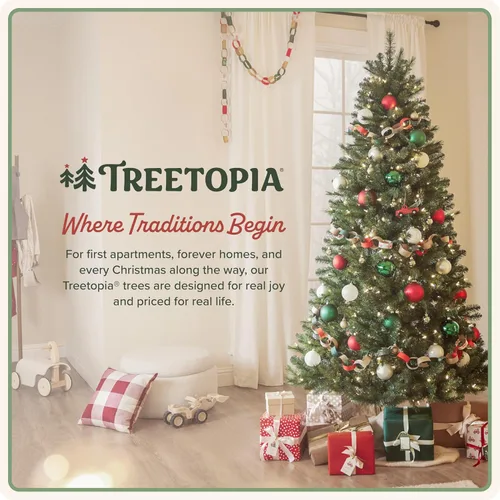 Vista 7 de Treetopia Frozen Fir - Árbol de Navidad artificial para interiores, preiluminado con luces LED transparentes, ramas con bisagras, decoración