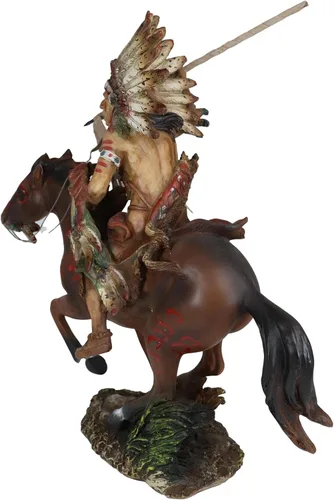 Vista 5 de Ebros Tribal Nativo Americano Guerrero jefe indio con gorro de guerra tocado de águila cargando en caballo, estatua de lanza lanzando caballo, 13.25