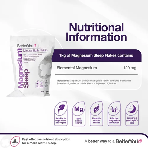 Vista 3 de BetterYou Magnesium Sleep Mineral Bath Flakes – Sales de baño minerales para la relajación muscular – Remojo muscular calmante para el dolor