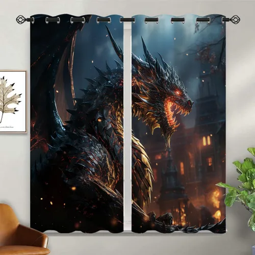 Vista 2 de Cortinas opacas con diseño de dragón para decoración del hogar, diseño de animales de fantasía, medievales, con ojales, aislamiento térmico