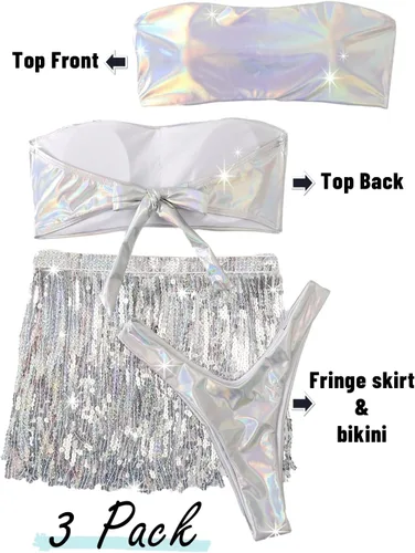 Vista 7 de Trajes de rave para mujer EDC Festival metálico holográfico body bandeau top lentejuelas borlas falda 3 piezas bikini