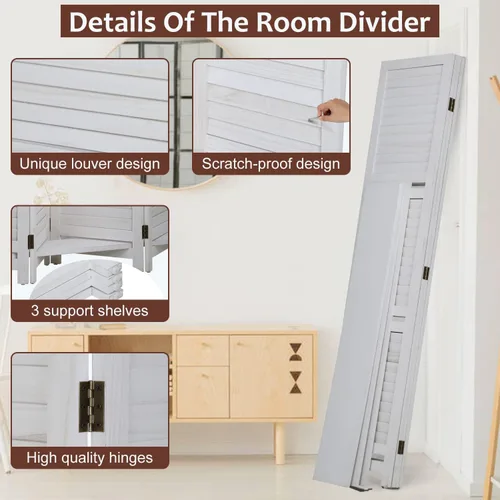 Vista 6 de Divisor de habitación de 5.7 pies de alto, pantalla de privacidad plegable de madera con tres estantes, pantalla de partición portátil para oficina