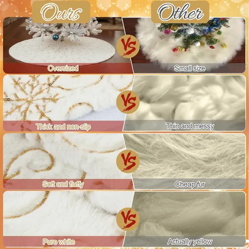 Vista 5 de Libima Falda grande de árbol de Navidad de 60 pulgadas, color blanco con copos de nieve de lentejuelas doradas, falda de árbol de Navidad de piel