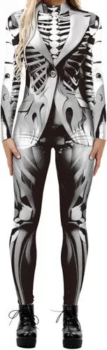 Vista 21 de Disfraz de esqueleto de calavera para mujer, overol de una pieza para Halloween Esqueleto gris-2