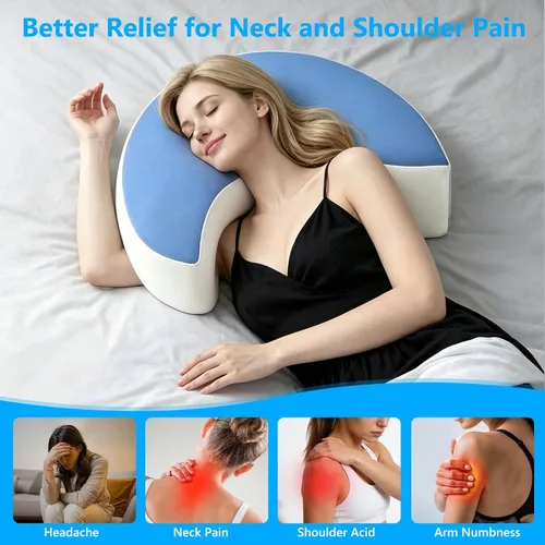 Vista 4 de Almohada cervical ergonómica de espuma viscoelástica para dolor de cuello y hombros, almohada versátil de rodilla, pierna y brazo, azul y blanco