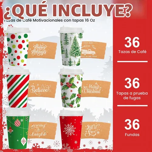 Vista 3 de 36 juegos/108 vasos de papel de Navidad de 16 onzas desechables de Navidad para llevar, tazas de café con tapas y mangas, taza de café de cacao