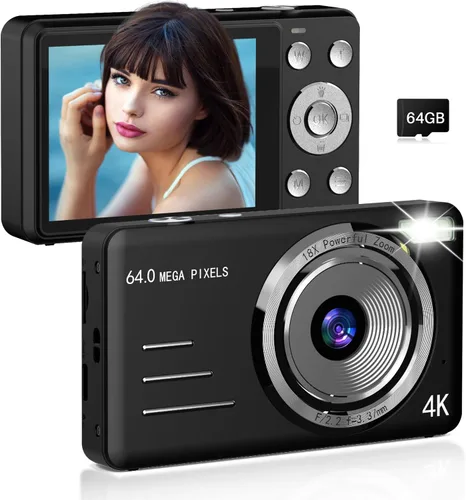 Vista 8 de Forc Cámara digital, cámara de fotos 4K con tarjeta de 64 GB, video antivibraciones con zoom 18X, cámara vintage para camping, viajes, vlogging