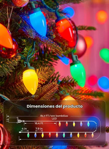Vista 7 de Luces de Navidad C9 para exteriores, 81 pies, 100 luces LED C9
