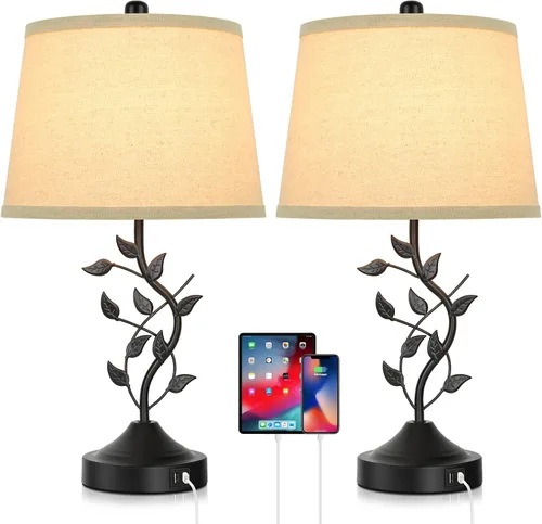 Vista 9 de Lámparas de mesa táctiles regulables de 3 vías para sala de estar, juego de 2 lámparas tradicionales para dormitorio con 2 puertos de carga USB