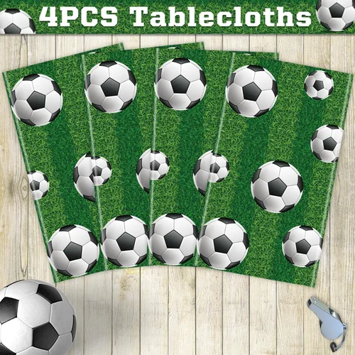 Vista 6 de Paquete de 4 manteles para fiesta de fútbol, manteles deportivos rectangulares de plástico, fundas de mesa para fiestas temáticas deportivas