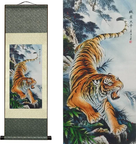 Vista 50 de AtfArt Decoración asiática de pared, hermosa pintura de pergamino de seda del paisaje del río de la cascada - Montaña, primavera, otoño