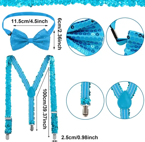 Vista 3 de Suhine 18 sombreros de fedora de lentejuelas con luces LED para Año Nuevo, unisex, con lentejuelas, corbatines y tirantes de lentejuelas, juego