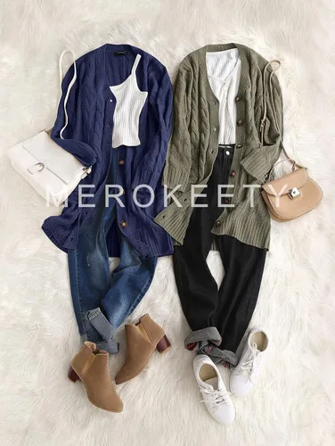 Vista 4 de MEROKEETY - Cárdigan largo de punto trenzado para mujer, suéter tejido de manga larga, abierto por delante y con botones, ropa para exteriores