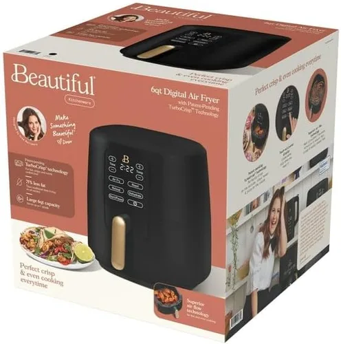 Vista 4 de Freidora de aire de 6 Qt con tecnología Turbocrisp y pantalla táctil activada, negra de Drew Barrymore, rangos de temperatura ajustables