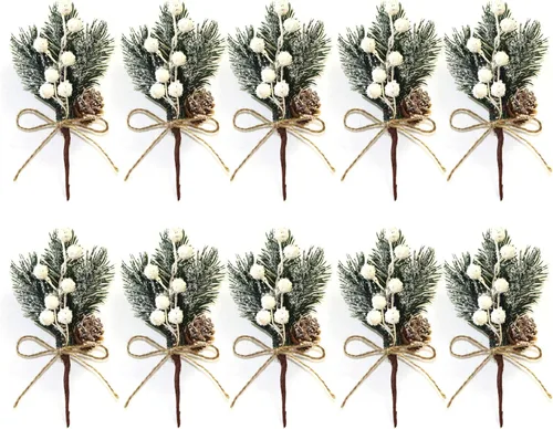 Vista 8 de Paquete de 20 ramas de piñas artificiales de Navidad, ramas de pino de 5.9 pulgadas, tallos de bayas de acebo blanco, ramas de pino, tallos de bayas