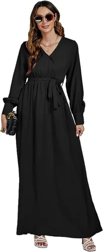 Vista 4 de LYANER Elegante vestido largo con cuello en V y cinturón de cintura y manga larga para mujer