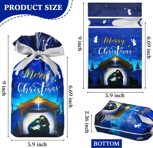 Vista 2 de Funrous 50 piezas de bolsas de regalo de Natividad - Bolsas de Navidad con cordón de plástico con lazos para regalos religiosos, Navidad, presentes