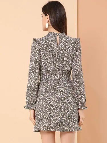 Vista 5 de Allegra K Vestido floral vintage con cuello alto y cinturón para mujer