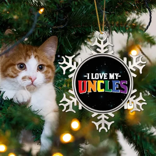 Vista 4 de I Love My Uncle LGBT Pride Adornos de Navidad para árbol, bisexual, arco iris, orgullo gay, LGBTQ Pansexual de metal copo de nieve colgante de árbol