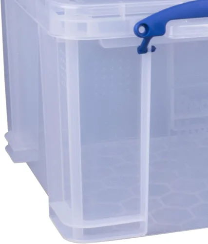 Vista 7 de Really Useful Box Paquete de 3 contenedores de almacenamiento de plástico transparente con tapas y asas de clip, 32 litros - Contenedores
