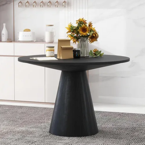 Vista 12 de JUSTONE Mesa de comedor redonda de 47.2'' para 4 personas, mesa de cocina moderna de madera con diseño de rejilla circular base de pedestal, mesa