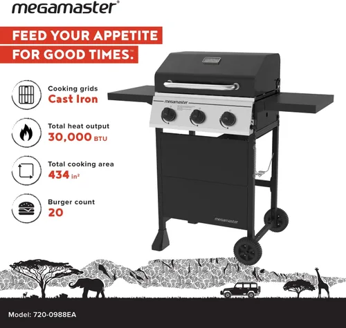 Vista 2 de Megamaster Parrilla de gas propano de 3 quemadores con mesas laterales plegables, 30,000 BTU, 429.81 pulgadas cuadradas. Espacio de cocción, panel