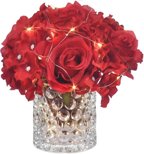 Vista 11 de Arreglo floral de seda de rosas artificiales en jarrón de vidrio con luz LED, elegante centro de mesa para el hogar, boda, baño, mesa, estante