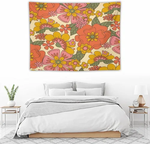 Vista 5 de Houselerax Tapiz floral retro de los años 60 y 70, diseño hippie de primavera Groovy Flower Power Flower Boho para colgar en la pared, arte neutro