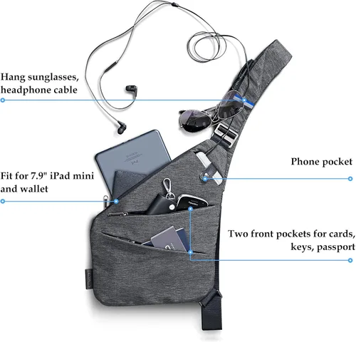Vista 3 de NIID FINO - Bolsa cruzada para hombre, ligera, flexible, resistente al agua, antirrobo, mochila de hombro para viajes, Gris (mano derecha), Mochilas