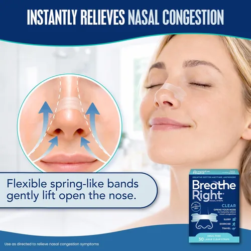 Vista 9 de Breathe Right Tiras nasales transparentes grandes, 30 unidades (el embalaje puede variar) Opens nose and increases nasal airflow, helps reduce