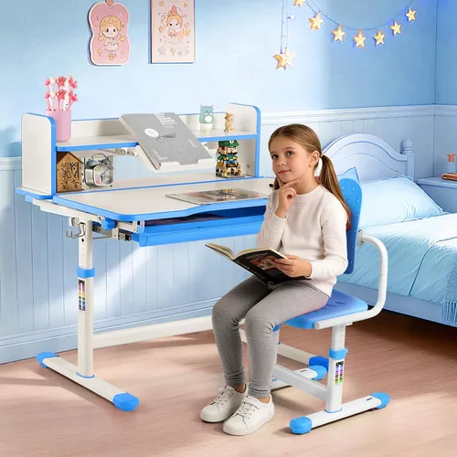 Vista 9 de Artist hand Kids Desk and Chair Set, Height Adjustable Desk with 0-40° Tilting Desktop, 2-Tier Bookshelf, Tablet Stand, Drawer, Hook and Ergonomic