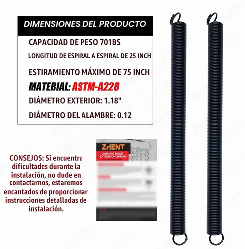 Vista 2 de Par de resortes de extensión de puerta de garaje resistentes de 70 libras, resorte elástico, electroforesis de alta precisión recubierto negro