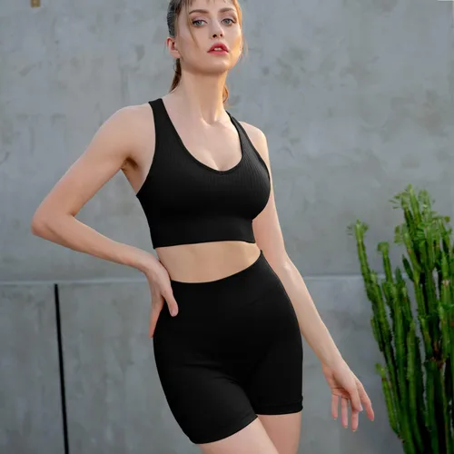 Vista 4 de Conjuntos de entrenamiento para mujer, 2 piezas, ropa de gimnasio, yoga, camiseta sin mangas, acanalada, sin costuras, cintura alta, pantalones