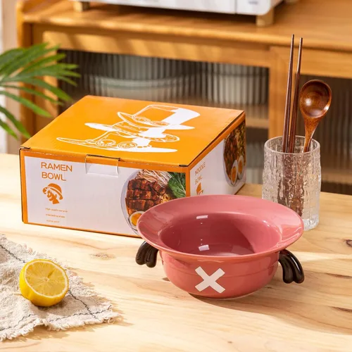 Vista 3 de Tazón de ramen con sombrero de paja (tazón de cerámica + cuchara de madera + palillos) para fanáticos del anime