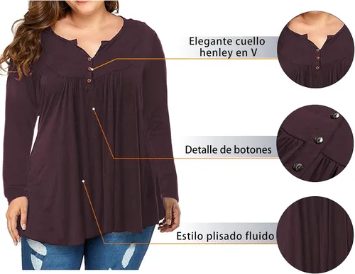 Vista 3 de VISLILY - Camisas Henley de manga larga con botones para mujer, talla extragrande, blusas plisadas tipo túnicas