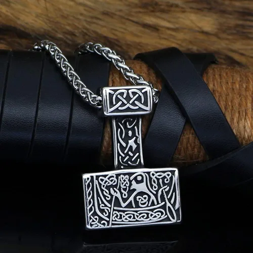 Vista 2 de Collar vikingo nórdico para hombres Thor Hammer Mjolnir Ship viking amuleto acero inoxidable colgante joyería con bolsa de regalo valknut, Acero