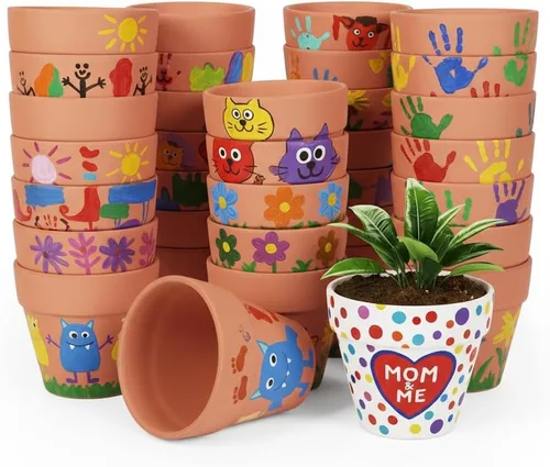 Vista 4 de YESIACE Juego de 24 macetas de terracota de 4 pulgadas, maceta de terracota con agujeros de drenaje, perfecta para plantar, pintar, bodas y fiestas