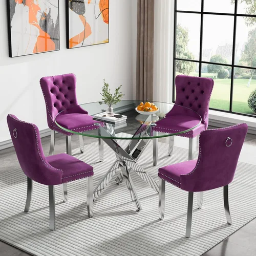 Vista 70 de Juego de mesa de comedor SSLine moderno de 3 piezas con mesa redonda de vidrio para 2, lujosa mesa de comedor circular de 36" con tapa de vidrio