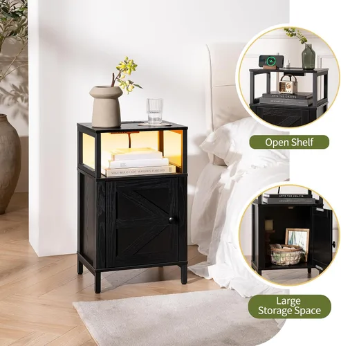 Vista 4 de Yoobure Mesita de noche de granja con estación de carga, extremo de noche de madera con puertos USB, mesa auxiliar de cama LED con armario de Negro