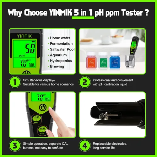 Vista 6 de Probador de Sal para Piscina, Medidor Digital 5 en 1 de pH, TDS, EC y Salinidad con Kit de Solución de Calibración, Visualización Simultánea de ppm