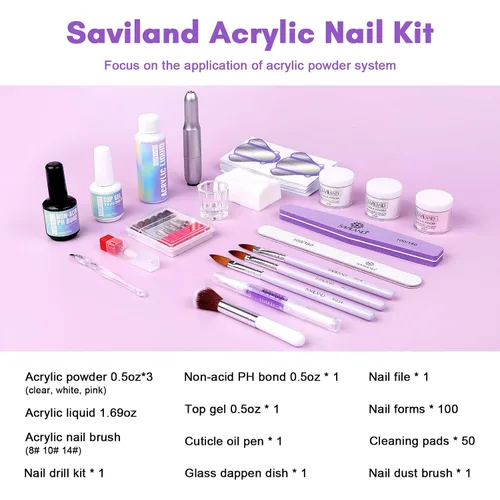 Vista 2 de Kit de uñas acrílicas SAVILAND con taladro: juego profesional de polvo acrílico de 0.5Oz transparente/blanco/rosa y líquido de 50ml con taladro