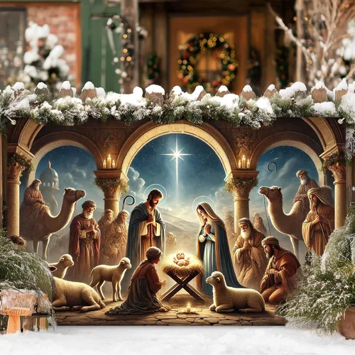 Vista 6 de BlissYard Pancarta de Escena de la Natividad 71x43 Pulgadas Pancarta de Escena del Pesebre de Noche Santa Fondo Religioso Cristiano para Iglesia