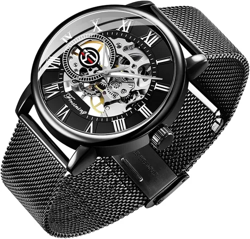 Vista 11 de Reloj de Esqueleto para Hombre Clásico con Números Romanos Steampunk Reloj Mecánico de Cuerda Manual Relojes para Hombre (Azul)