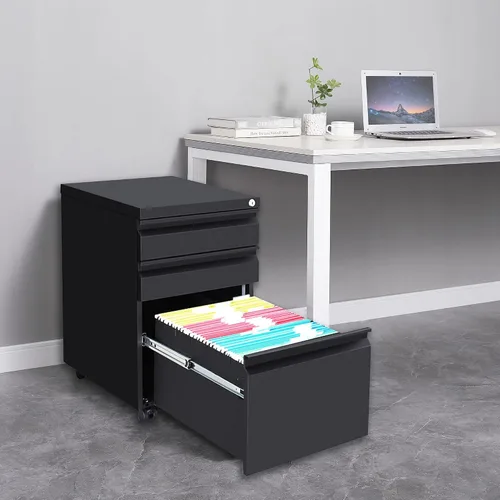 Vista 4 de Archivador móvil de metal, archivador de 3 cajones con cerradura y ruedas para oficina en casa, tamaño carta A4, gabinete de almacenamiento con Negro