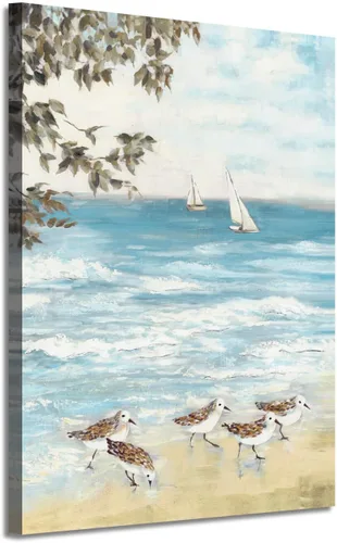 Vista 7 de Arte de pared enmarcado costero abstracto, imagen de silla de playa, pintura moderna del océano, impresiones de paisaje marino relajante, decoración