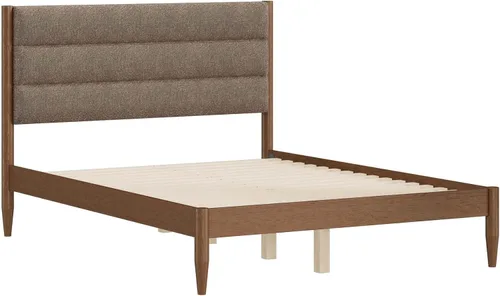 Vista 7 de KISLOT Marco de cama de madera con cabecera tapizada, marrón, tamaño Queen