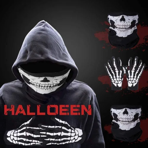 Vista 4 de Halloween Hooded Cloak Black Velvet Cloak Halloween Costumes + Scythe+Skull Mask+Skeleton Gloves Grim Party Costumes