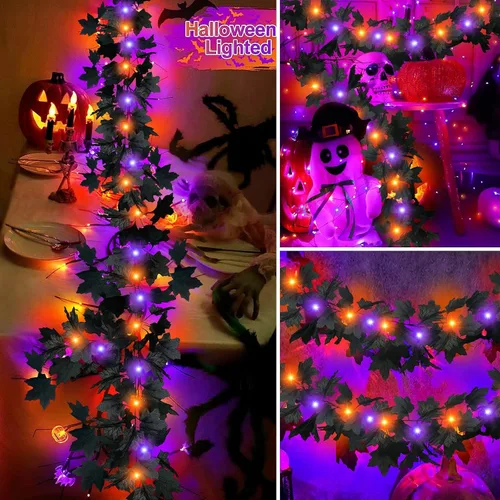 Vista 2 de Temporizador y más grueso: paquete de 2 guirnaldas de hojas de arce negras de Halloween, luces moradas y naranjas, total de 13 pies, 40 luces LED